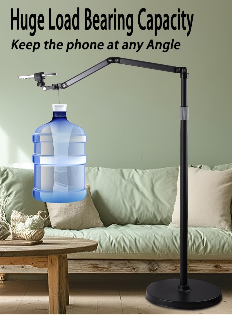 Phone Floor Stand for Recording Cell Phone Holder for Bed, Adjustable Tall Stand with Ultra-Long Extension Arm, 360° Swivel, Compatible with iPhone Samsung and More