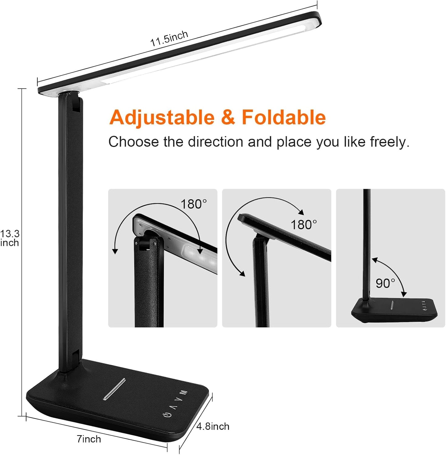 karidi LED Desk Lamp Dimmable Table Lamp with USB Charging Port, 5 Lighting Modes, Sensitive Control, Foldable Portable Desk Light for Home Office Bedroom Reading (Black, Standard Size - 13.3 inch)