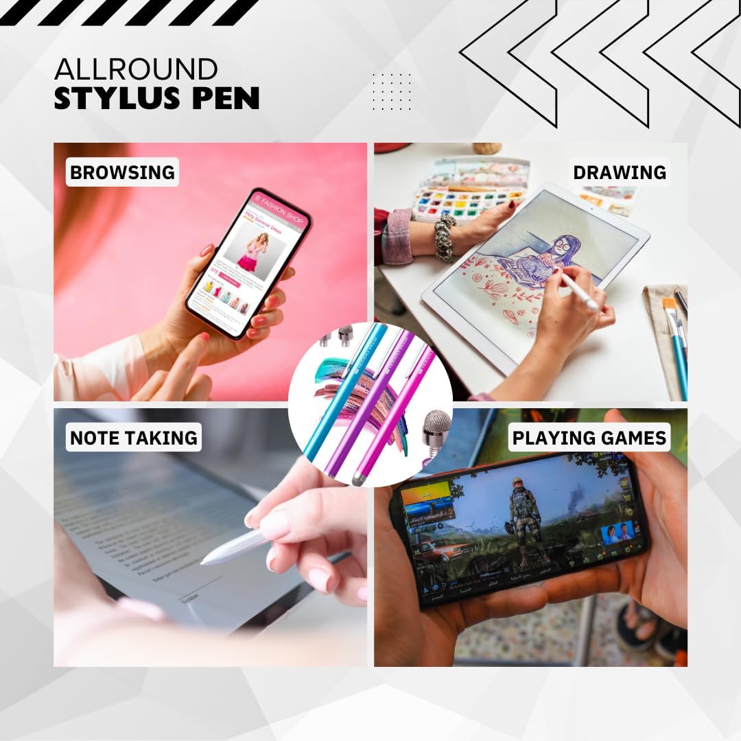 The Friendly Swede Mesh Tip Stylus Pen for Touchscreen — 3-Pack Micro-Knit Capacitive Stylus Pen for iPad & iPhone with 3 Replaceable Fiber Tips, Elastic Lanyards & Screen Cleaning Cloth