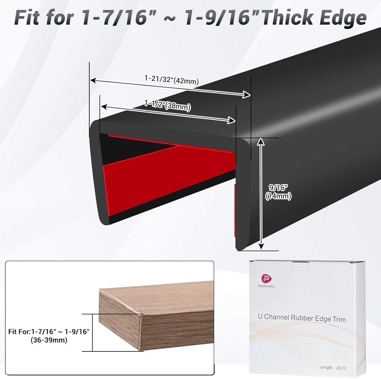 Rubber Edge Trim, 1-1/2 inch Wide U Channel Edge Trim, Big Size U Shaped Trim, Self Adhesive Edge Banding for Plywood, Woods, Doors, Shelf, Cabinet, Countertop, Length 20Ft, Black Gloss Finish