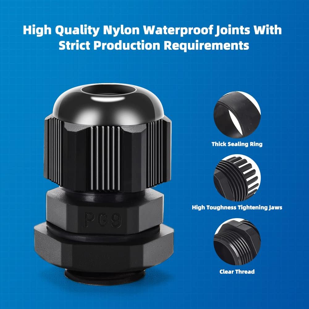 Cable Gland 20 Pack Plastic Waterproof Adjustable Connector 4-8mm PG9 Strain Relief Cord Connectors Joints Nylon with Gaskets