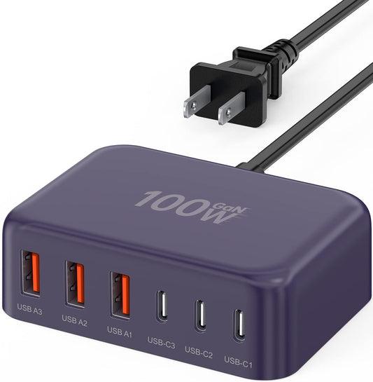 USB C Fast Charger 100W GaN 6 Port Type USB C Charging Station Hub Block Wall Charger Power Strip Adapter Plug Cube Brick 3 USB A for iPad iPhone 15 14 13 12 11 Pro Max Pixel Note Galaxy