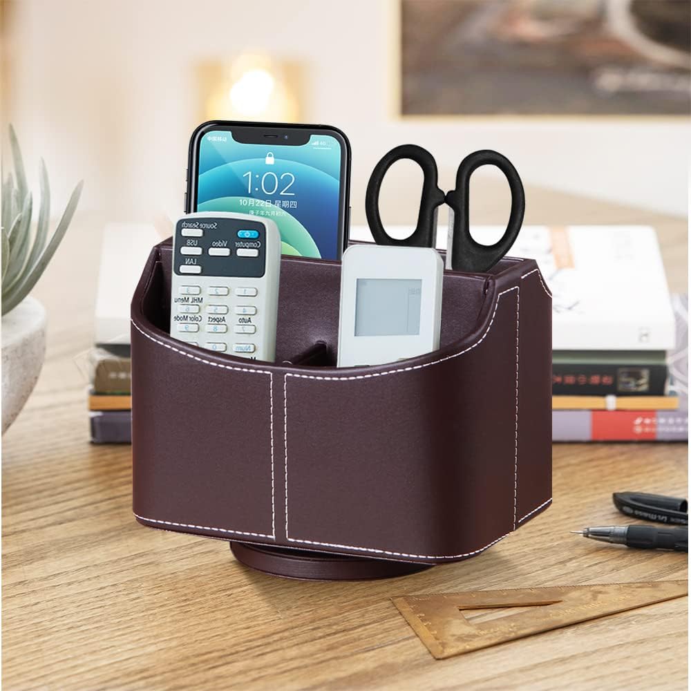 Fanousy 360° Rotating Remote Control Holder, PU Leather TV Remote Caddy Organizer Basket Storage Box with 5 Compartments for Pen, Pencil, Art Supplies, Makeup Brush, Office Desk Table Accessories