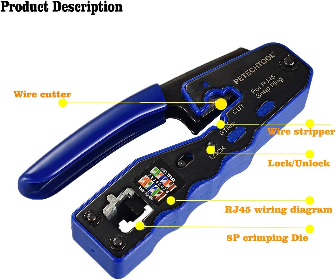 RJ45 Crimp Tool for Cat6 Cat5e Cat5 Pass Through Connectors,All-in-one EZ Crimping Tool Full Set with Cat6 Connectors and Boots, Cable Ties, Cable Tester, Cable Scissors and Stripper