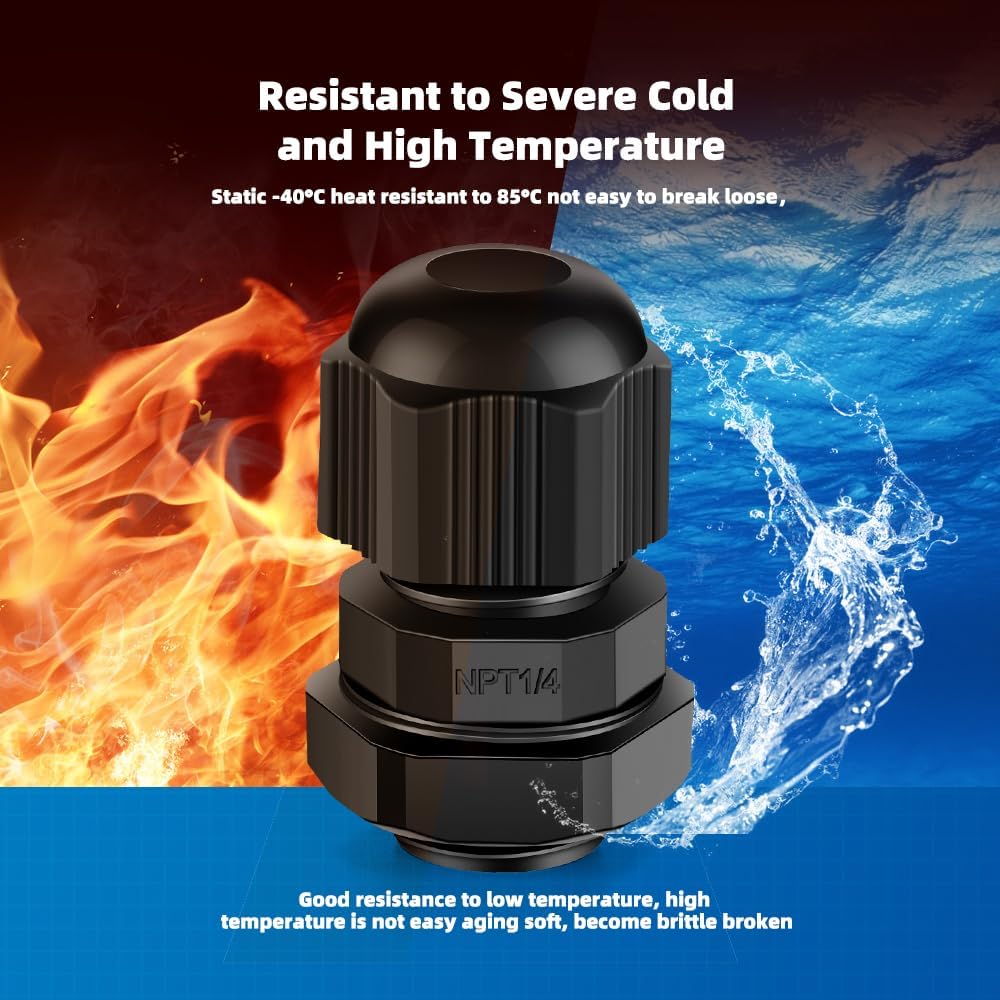 Cable Gland 12 Pack 1/4" NPT Waterproof Adjustable Connector Strain Relief Cord Connectors Joints Nylon with Gaskets…