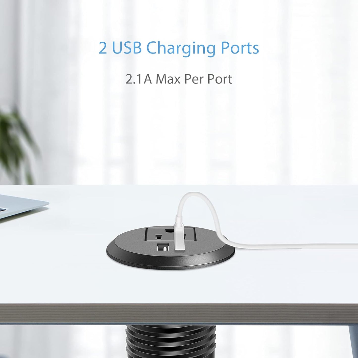 Jgstkcity Desktop Power Grommet, 2 inch, Black, 1 AC Outlet and 2 USB Ports, 6.56ft Cable, Fire Resistant Outer Shell