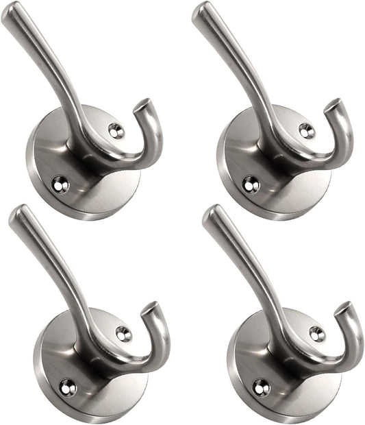 4 Pack Brushed Nickel Coat Hooks - Silver Robe & Towel Hooks for Bathrooms & Kitchen