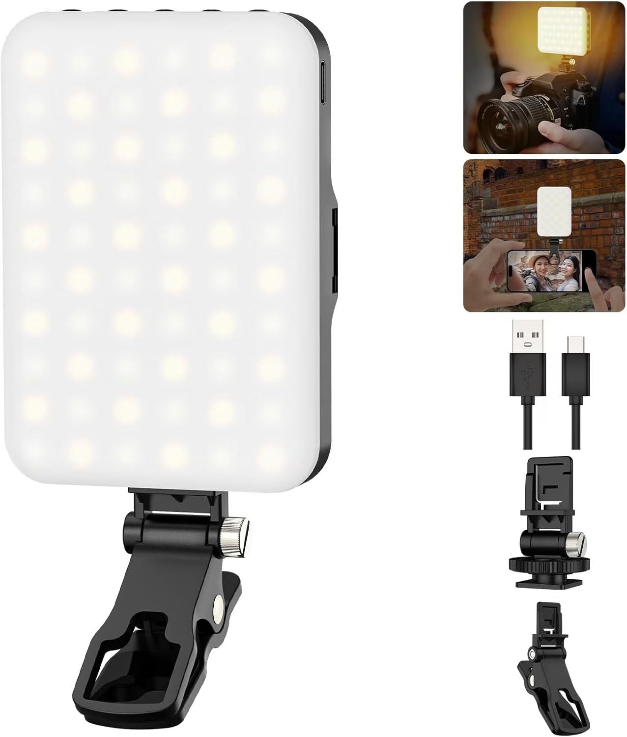 Hagibis LED Camera Light - Portable Photography Lighting with 60 LED, 2200mAh Rechargeable Battery, 7 Modes, 10-Level Brightness, Clip-on Light for Phone/Tablet/Laptop