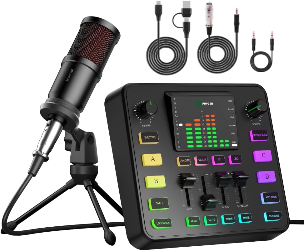 Podcast Equipment Bundle, PUPGSIS Audio Mixer with Dynamic Microphone, Pro-preamp, Bluetooth 5.3, Gaming Equipment Set for Podcast Recording, Live Streaming, Video Vocals, Phone, DJ