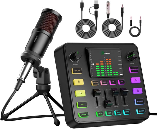 Podcast Equipment Bundle, PUPGSIS Audio Mixer with Dynamic Microphone, Pro-preamp, Bluetooth 5.3, Gaming Equipment Set for Podcast Recording, Live Streaming, Video Vocals, Phone, DJ