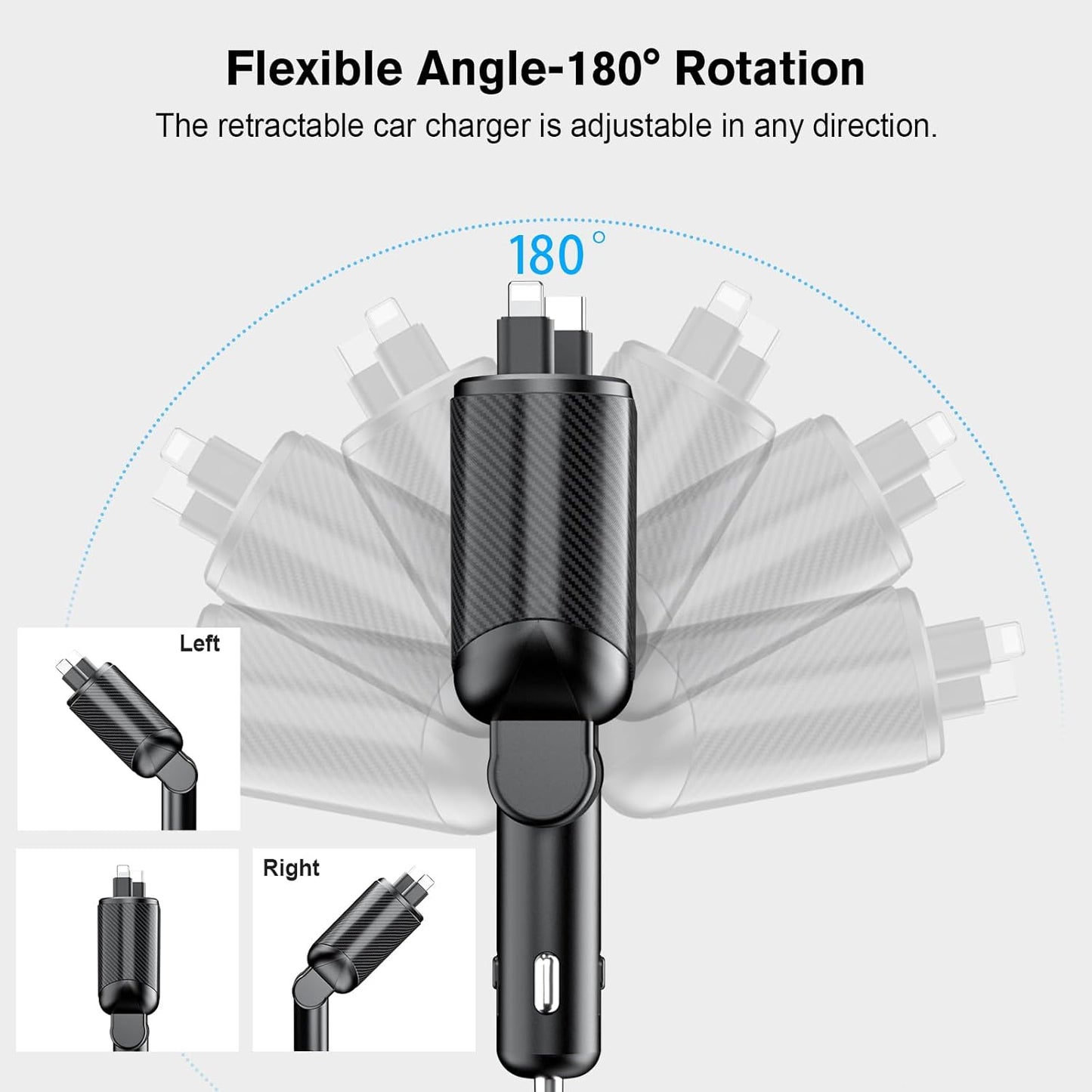 Retractable Car Charger 4 in 1 Fast Charging Adapter Magjieyx 62W Retractable Type-C/USB-i Cables and USB C/USB A QC & PD Devices for iPhone 16/15/14/13/12Pro Max Plus,iPad,AirPods, Galaxy