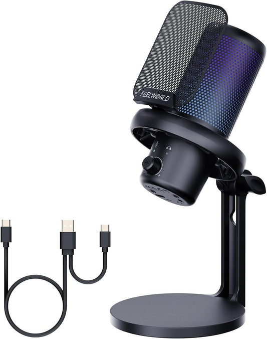 FEELWORLD VM1 Gaming PC USB Microphone Condenser Mic with Noise Cancellation Mute RGB Light, Computer Accessories Gifts for Gamer YouTube Twitch Podcast Streaming Recording Online Chat PS4 PS5