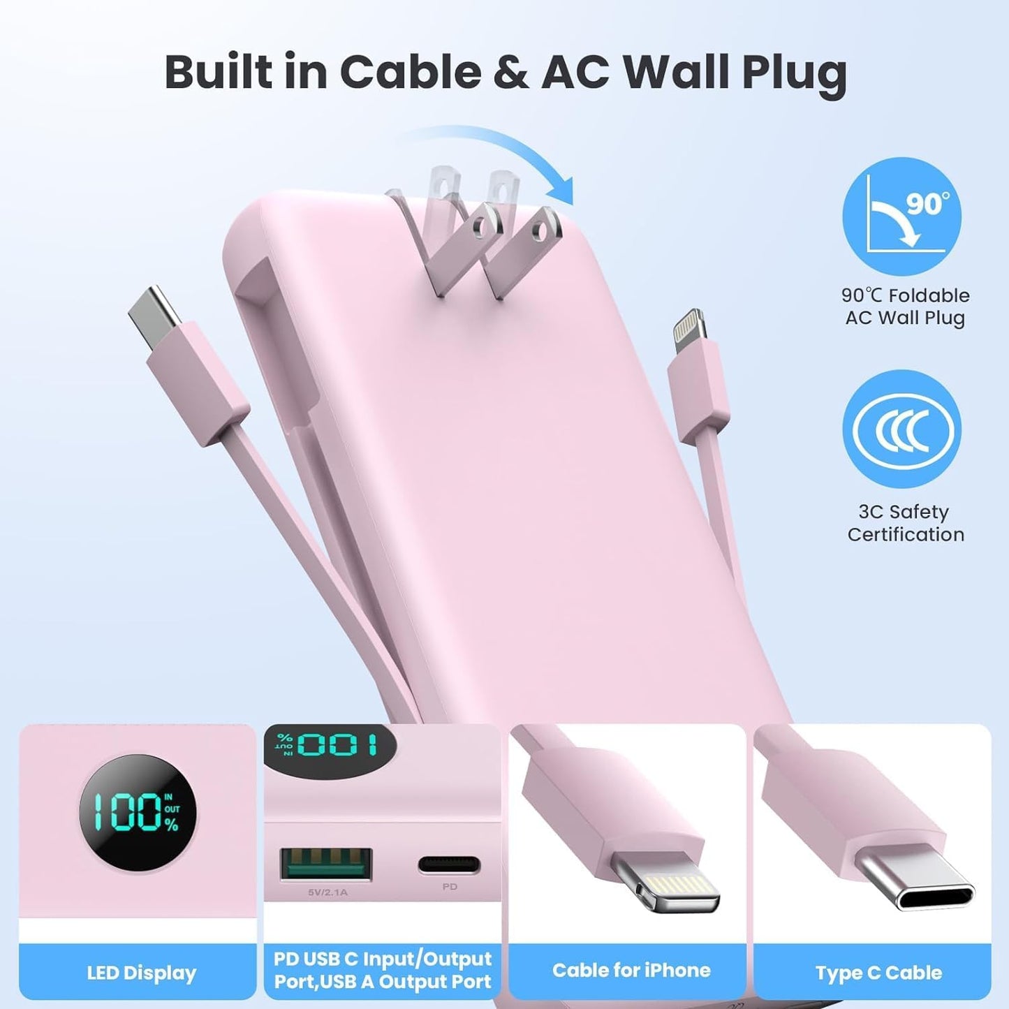 Portable Charger 13800mAh Slim USB C Power Bank with Built in Cables and Wall Plug,LCD Display Lightweight Travel Battery Pack,PD Fast Charging Compatible with iPhone 15,14,Samsung Android-Pink