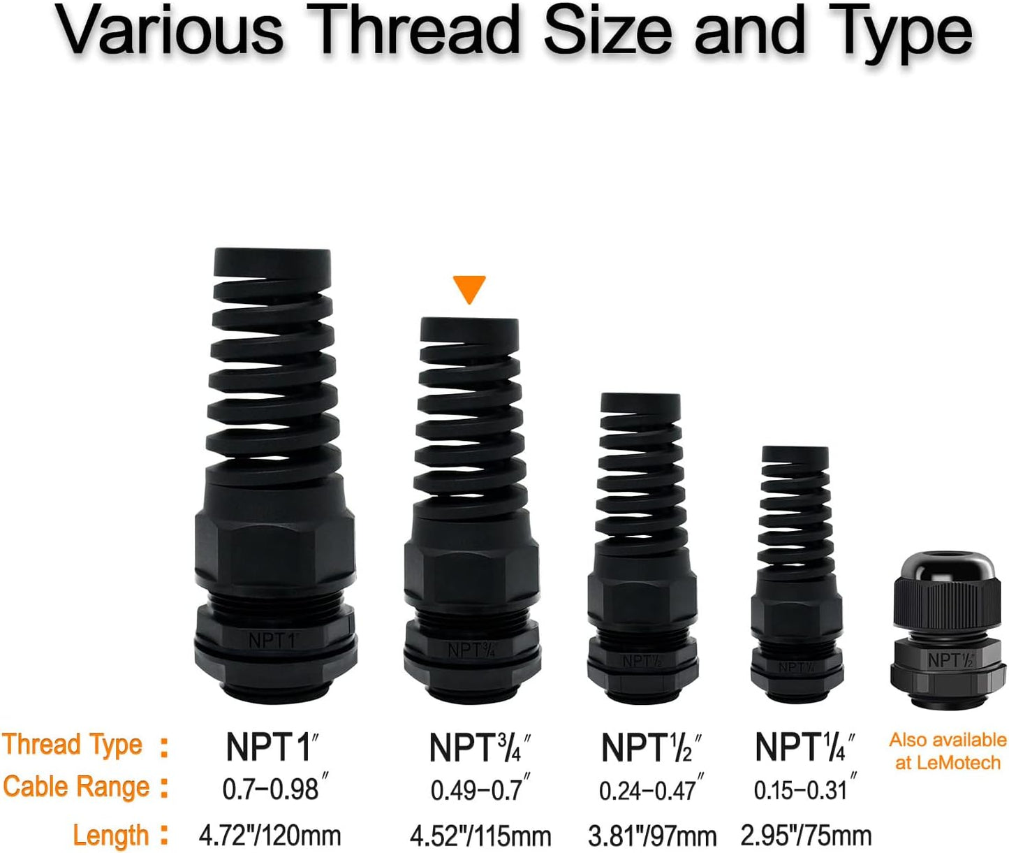 LeMotech 10Pcs NPT 3/4" IP68 Waterproof Cable Gland Flex Spiral Strain Relief Black Nylon Joint with Gaskets for 12.5-18mm Wire Thread