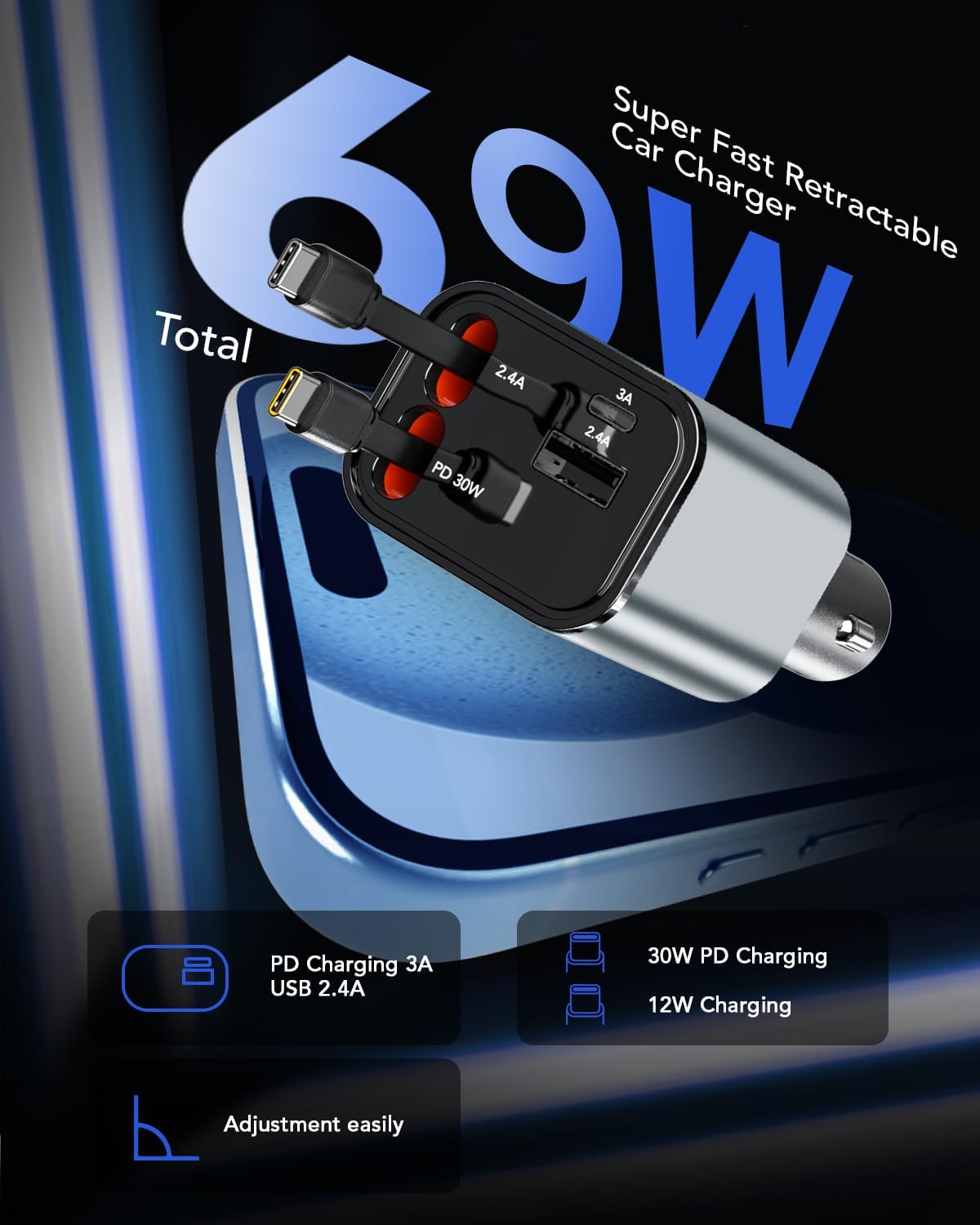 Retractable Car Charger, 4 in 1 Fast Car Phone Charger 66W, 2 Retractable Cables and 2 USB Port, Compatible with iPhone 16/15/14/13/12/11,Galaxy,Pixel