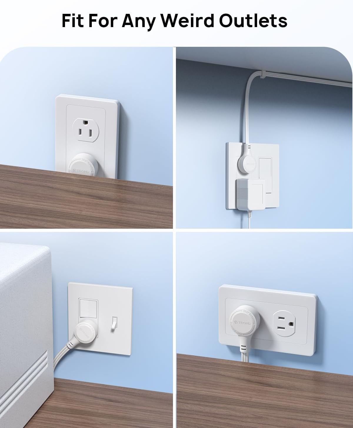 TROND Flat Extension Cord 6ft with 360° Rotating Plug, Low Profile Small Power Strip, 3 Prong Grounded Outlets Cube, 13A, SPT 16/3 Gauge Cable, for Indoor Home Office Cruise Travel Essentials, White