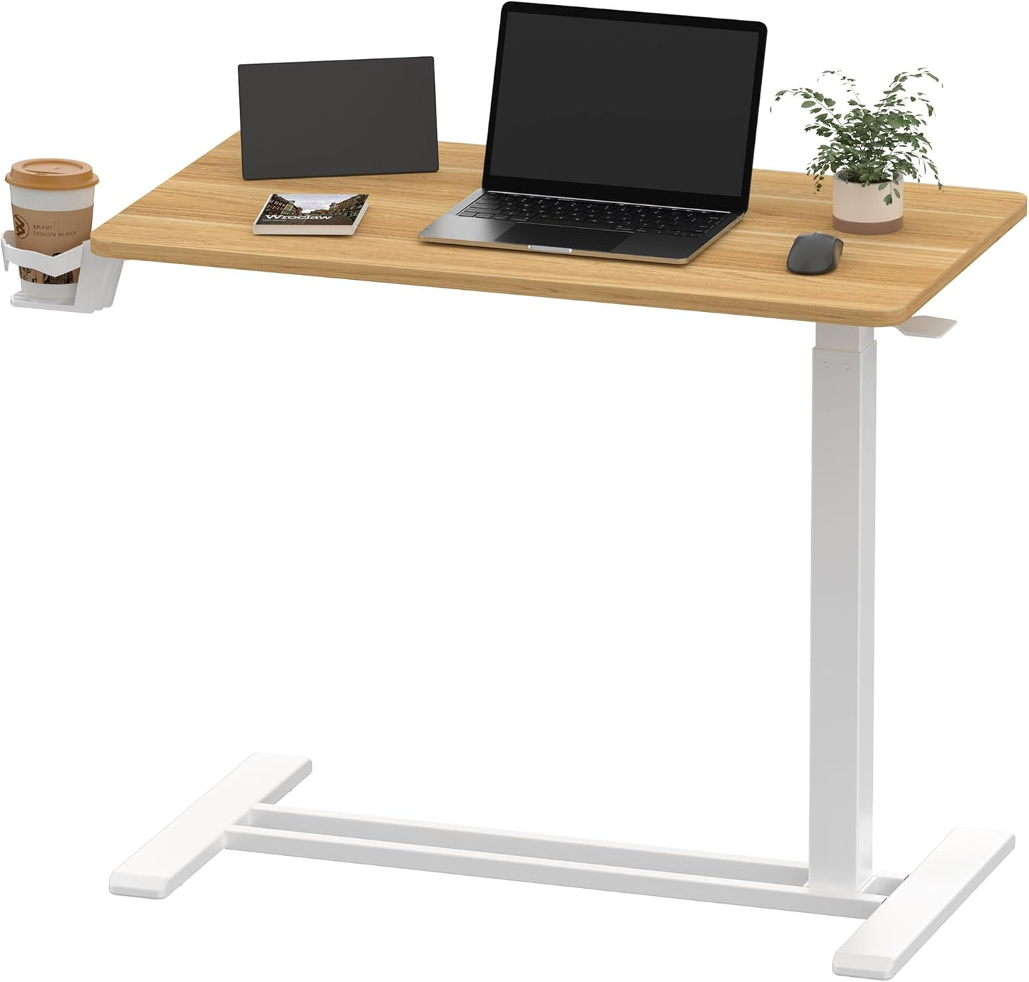 SANODESK Medical Adjustable Overbed Bedside Table with Hidden Casters, Pneumatic Mobile Laptop Computer Standing Desk Cart with Tray, Hospital and Home Use(31.5" W x 17.7" D, Maple)