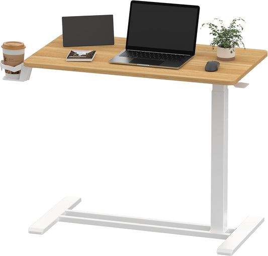 SANODESK Medical Adjustable Overbed Bedside Table with Hidden Casters, Pneumatic Mobile Laptop Computer Standing Desk Cart with Tray, Hospital and Home Use(31.5" W x 17.7" D, Maple)