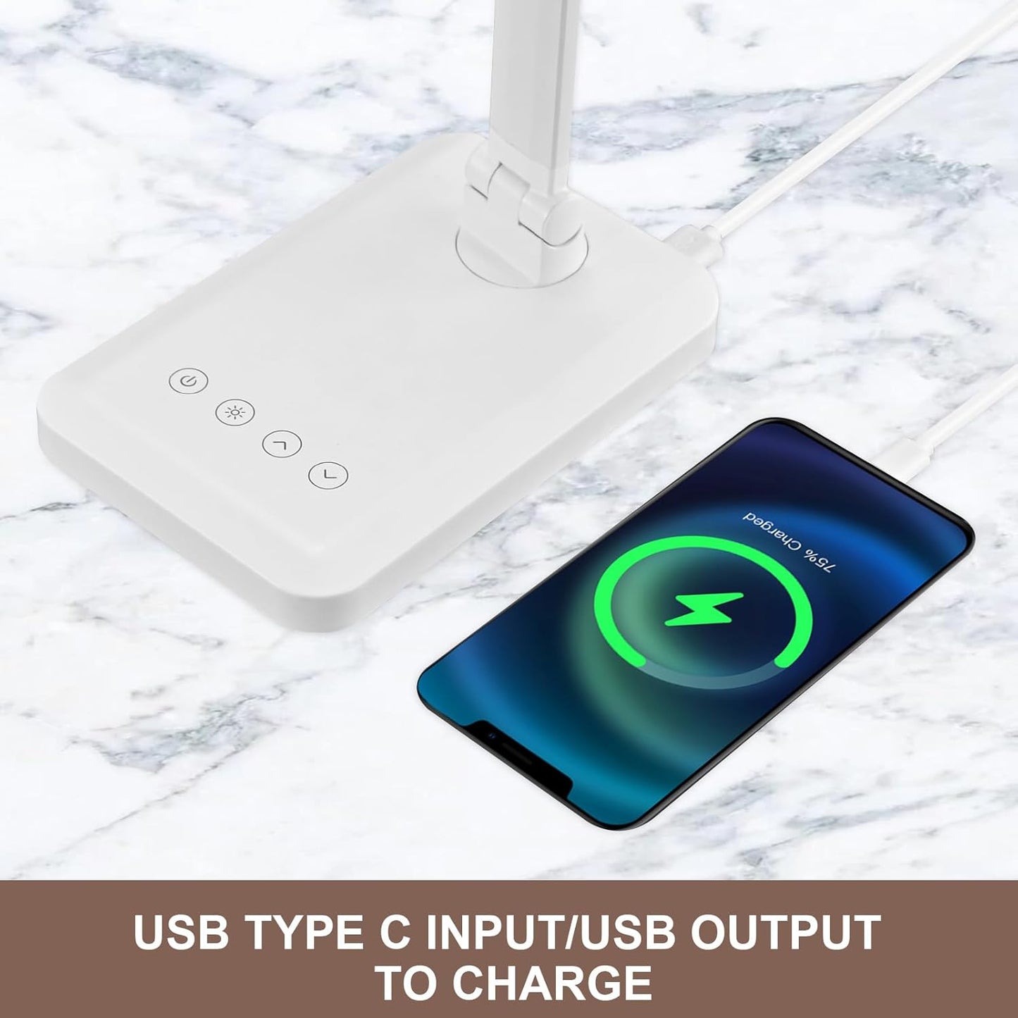 LED Desk Lamp with USB Charging Port Whole White for Home Office Essentials Table Lamp with Eye-Caring 4 Color Temperature Touch Control Stepless Dimming Desk Light for College Dorm