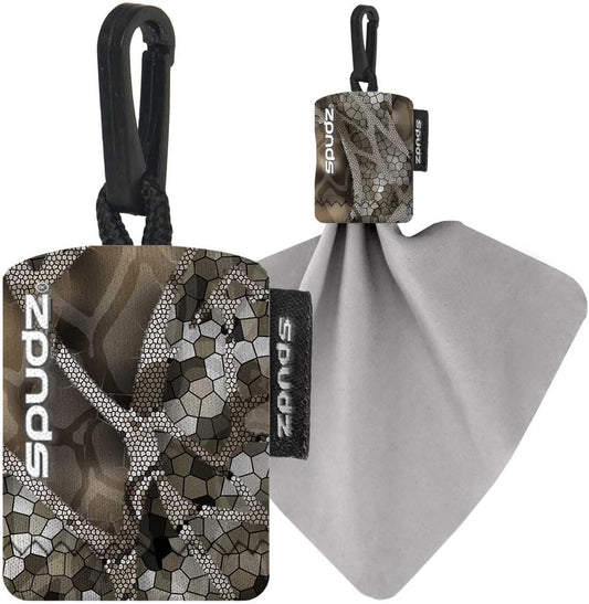 SPUDZ Classic Microfiber Lens Cleaner – Clip-On Pouch, Washable – for Binoculars, Scopes, Glasses, Screens | Vanish Tan, 6 x 6 Inch