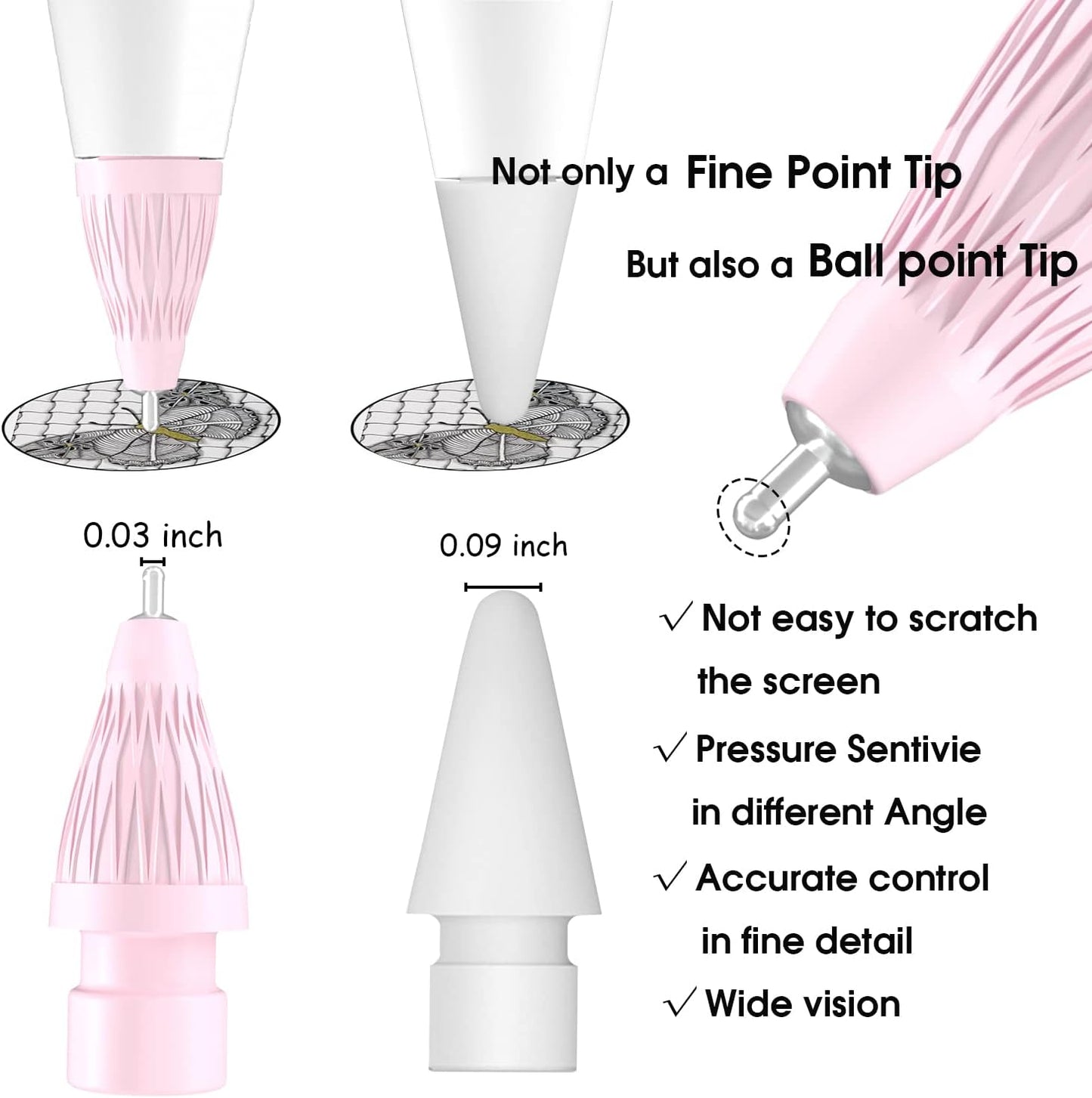 Upgraded Pencil Tips fits for Apple 2nd 1st Gen USB-C iPad Pro Pencil,No Wear Out Fine Point Apple Pen Tip &Noiseless Friction Nib Covers Set, Make iPencil 1 / Pencil 2 Work Like a Charm,Pink
