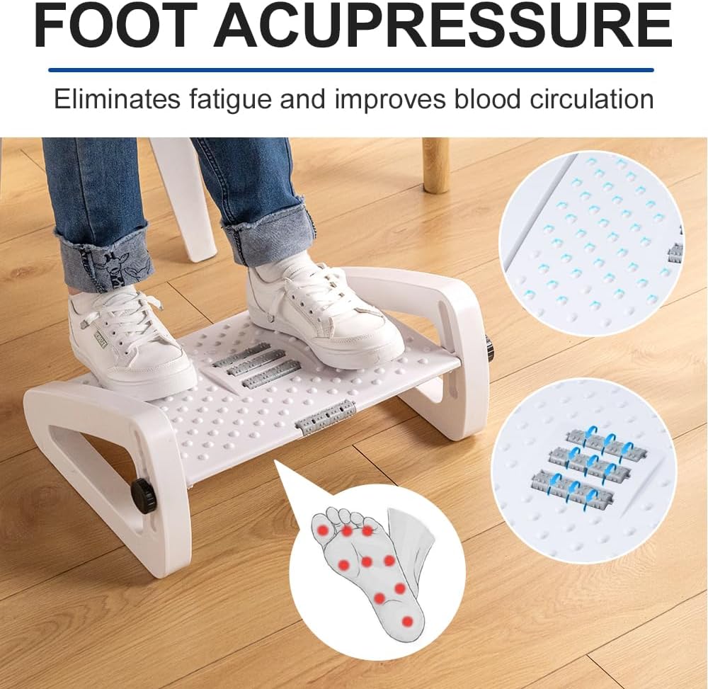 Foot Rest for Under Desk At Work - Six Heights Adjustable Under Desk Footrest - Ergonomic Foot Stools for Under Office Desks - Desks Foot Rest with Massage Rollers - Leg Rest for Chair (White)