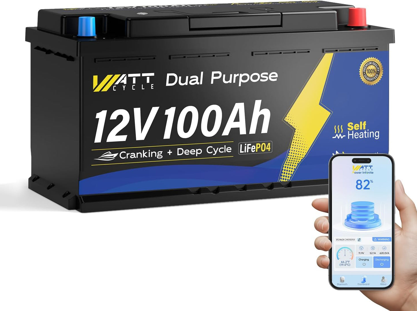 12V 100Ah Dual Purpose Marine Cranking LiFePO4 Lithium Battery Bluetooth 1200CCA / 1500MCA, Starting Lithium Batterys with Self-Heating, Built-in 200A BMS, Perfect for Trolling Motor, Boat