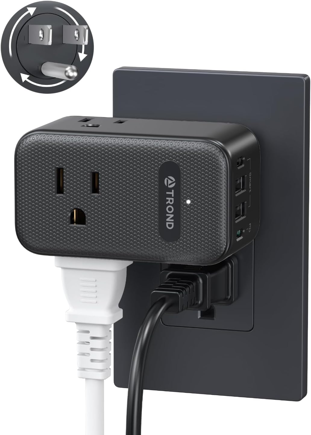 TROND Multi Plug Outlet Extender, 3 AC Outlet Adapter with 360 Rotating Plug, Black Power Splitter with PD 20W USB C Charger, A Compact Solution to Home Dorm Room Travel Cruise Essentials