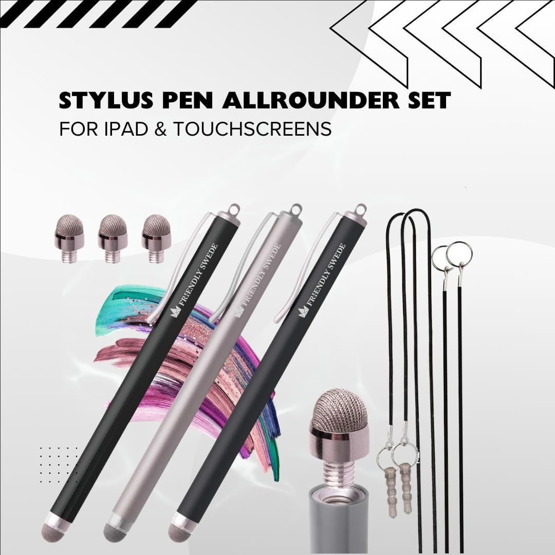 The Friendly Swede Mesh Tip Stylus Pen for Touchscreen — 3-Pack Micro-Knit Capacitive Stylus Pen for iPad & iPhone with 3 Replaceable Fiber Tips, Elastic Lanyards & Screen Cleaning Cloth