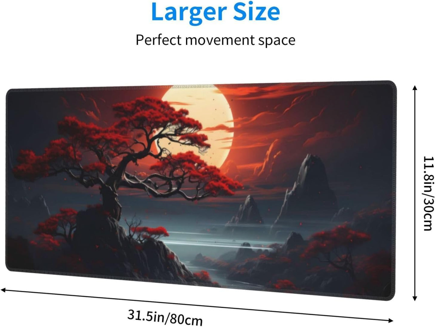Darkness Red Moon Desk Mat Japanese Mouse Pad, Large Japanese Desk Mat, XL Anime Gaming Keyboard Mat, Non-Slip Rubber Base, Big Extended Desk Protector for Home Office, 31.5”x11.8”