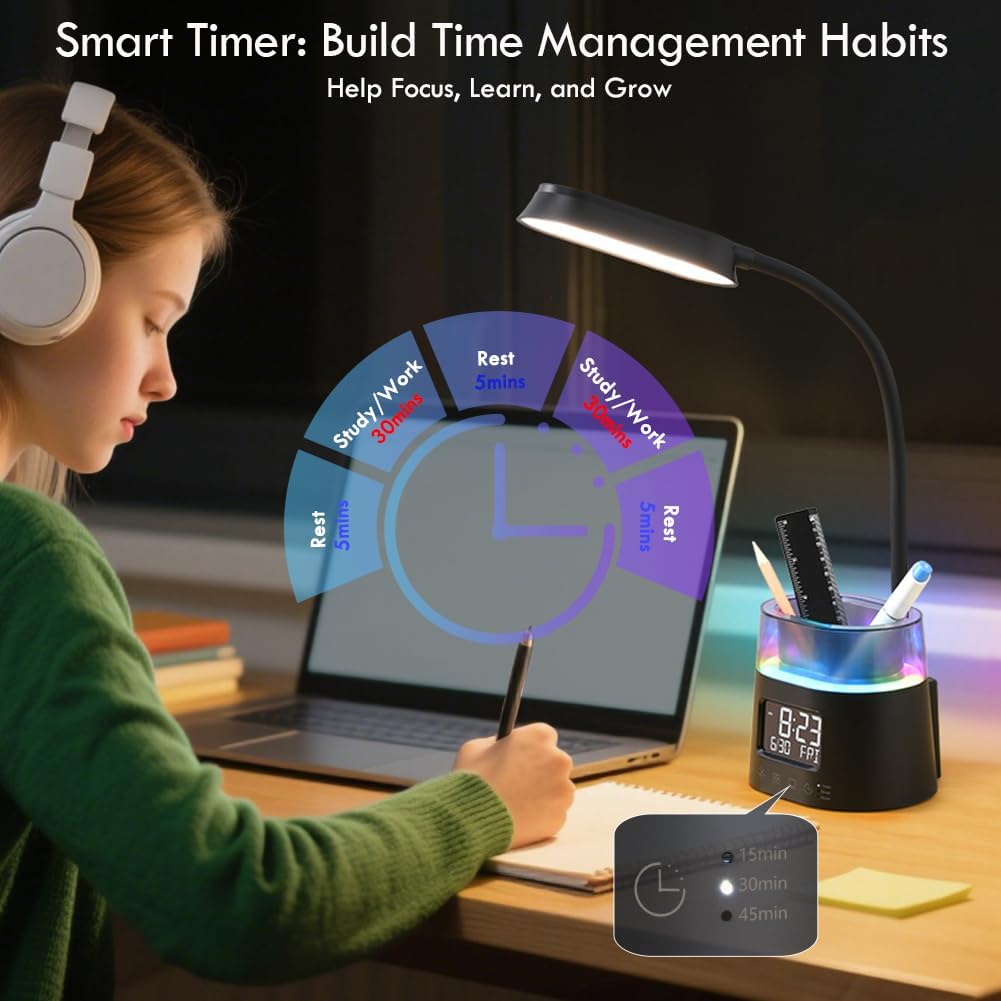 WILIT LED Kids Desk Lamp, Dimmable Study Lamp for Home Office Desk Accessories, with Pen Holder & Clock, USB Charging, RGB Night Light, Bedroom & College Dorm Room Essentials for Girls - Black