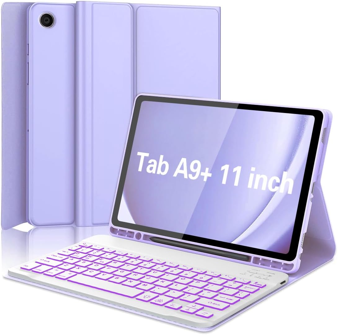 Keyboard Case for Samsung Galaxy Tab A9 Plus 5G 11 inch 2023 (SM-X210/X216/X218), 7 Color Backlit Detachable Keyboard Bluetooth, Smart Folio Cover with S Pen Holder for Galaxy Tab A9+ 11"(Purple)