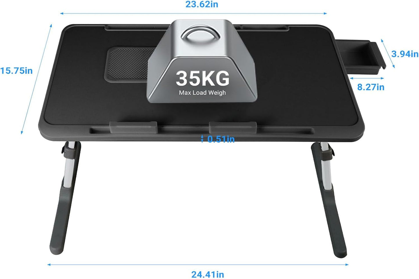 Laptop Lap Desk with Cooling Fan - Adjustable with Light, USB, Storage Drawer - Folding Bed Desk,23.62"*15.74",Black