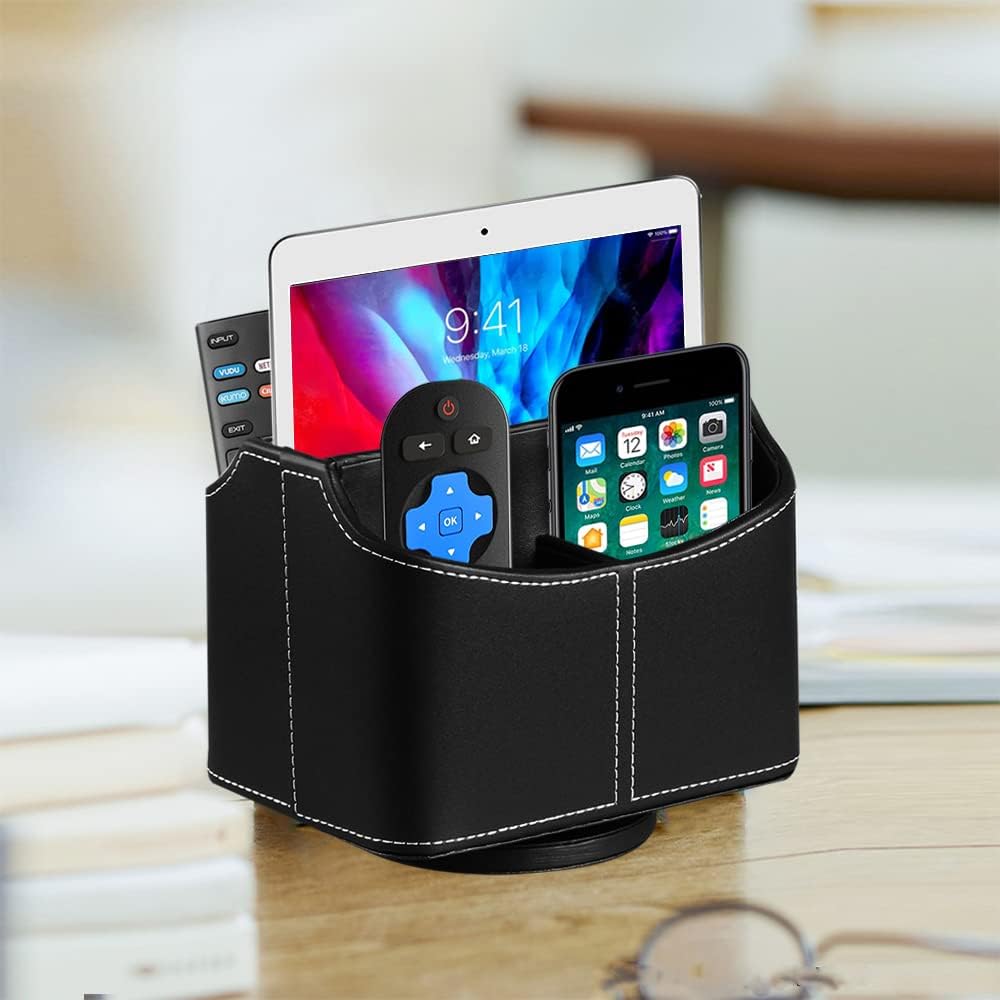 Leather 360° Spinning Remote Control Holder, Pencil Pen Holder for Desk Table Nightstand, TV Remote Caddy Organizer, Black Office Decor and Accessories, Storage Box for Phone,Media Player Controllers