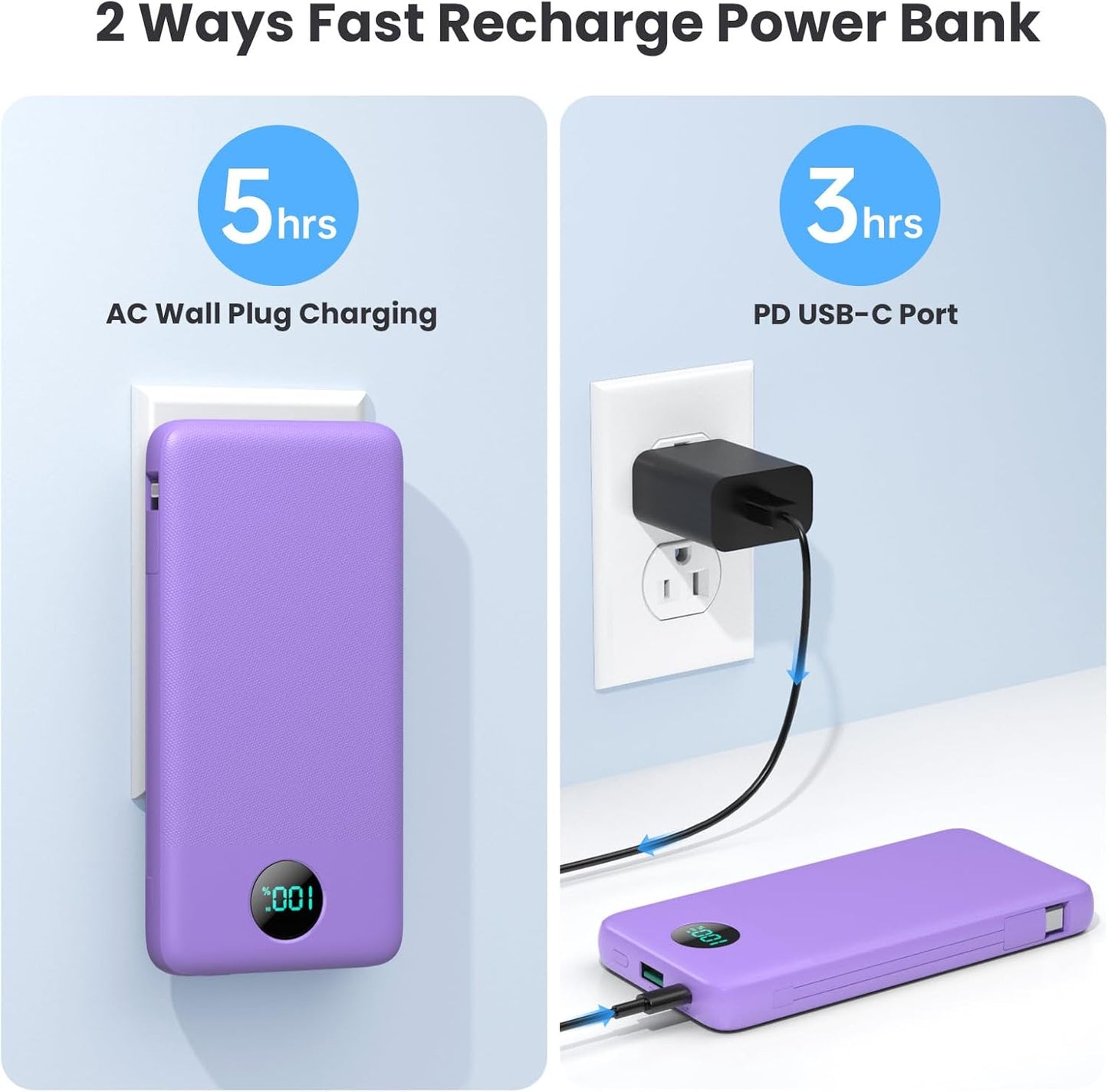 Portable Charger 13800mAh Slim USB C Power Bank with Built in Cables and Wall Plug,LCD Display Lightweight Travel Battery Pack,PD Fast Charging Compatible with iPhone 15,14,Samsung Android-Purple