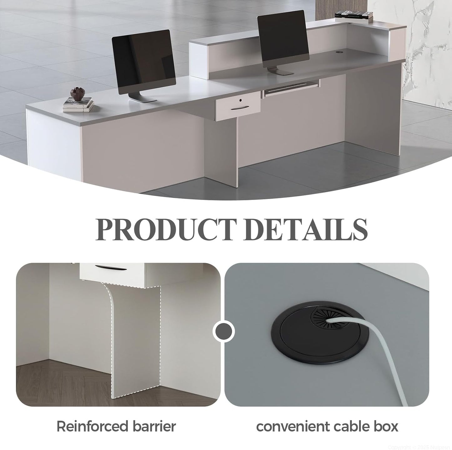 Reception Desk with Counter, Modern Front Desk Reception Counter with Keyboard Tray, Lockable Drawer and Storage Shelves for Office, Retail, Salon (White+Gray/Right, 71" L*24" W*39" H)