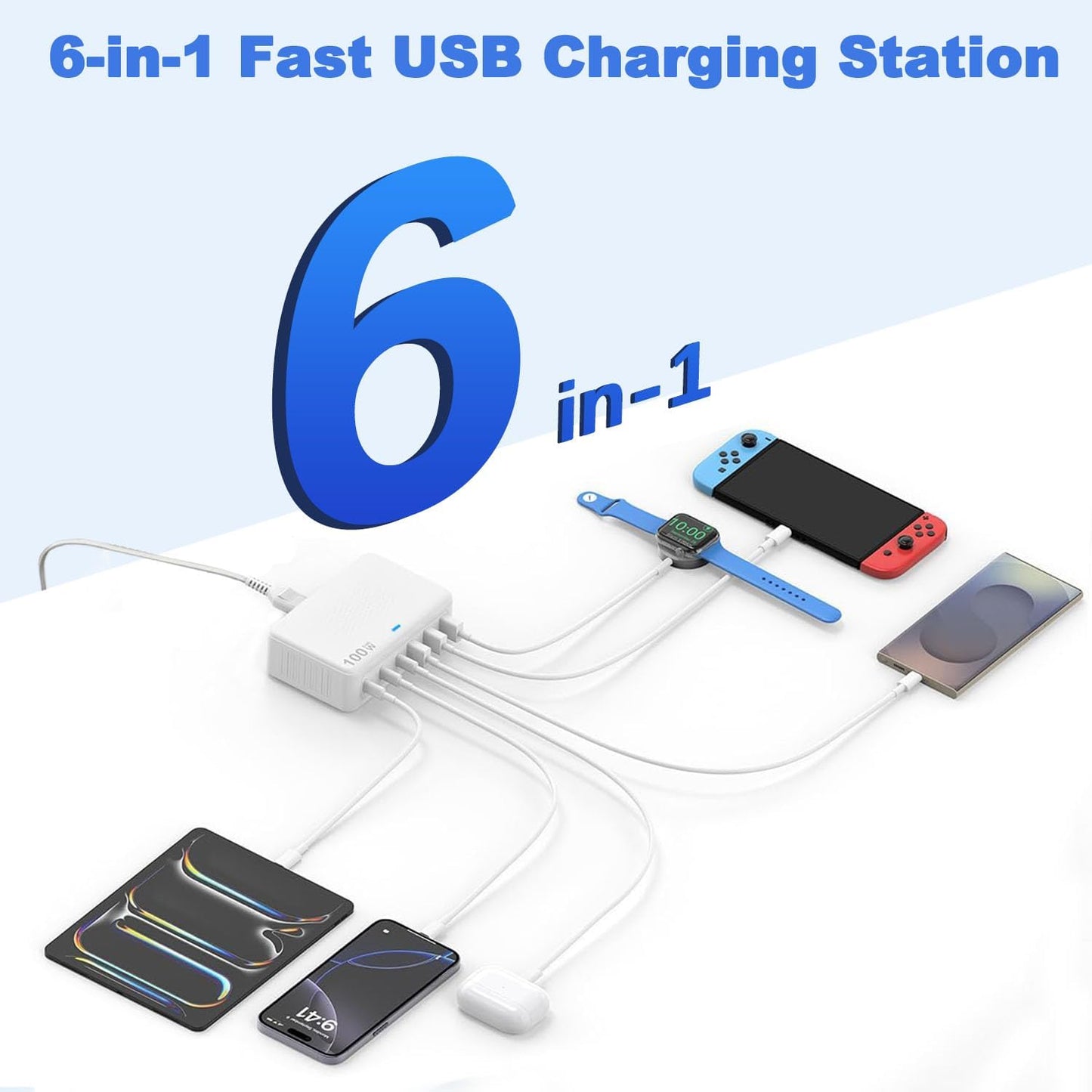 USB C Charger Block 100W Charging Station Hub GaN-III 6 Port Type C Travel Charger for Multiple Devices USB C Power Strip Adapter Plug Cube Brick for iPhone 16 15 14 13 12 Pro Max,iPad,Galaxy,5ft Cord