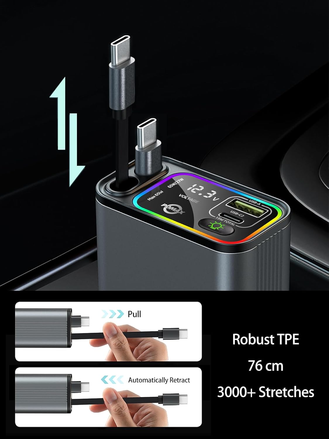 Retractable Car Charger USB C,145W Type C Car Charger Fast Charging with Dual Retractable USB C Cable and USB Ports, Compatible with iPhone 16/15,S25/24/23/22, Pixel 9/8/7