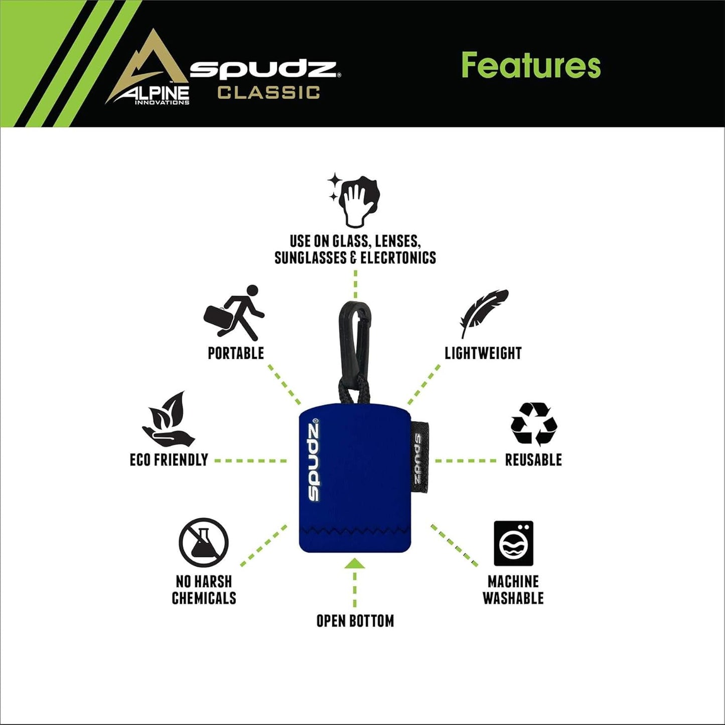 SPUDZ Classic Microfiber Lens Cleaner – Clip-On Pouch, Washable – for Binoculars, Scopes, Glasses, Screens | Navy Blue, 6 x 6 Inch (3-Pack)