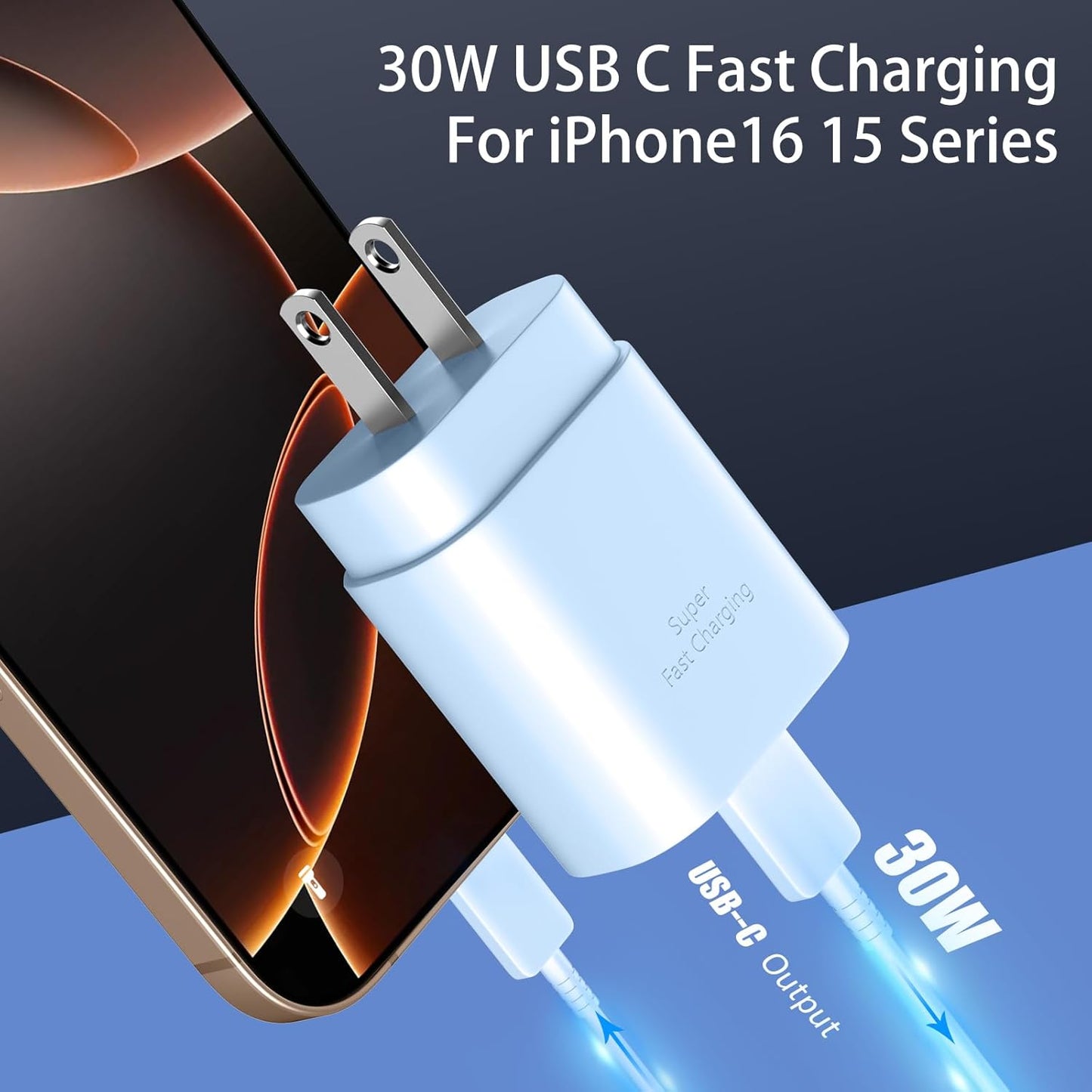 USB C Phone 16 15 Charger Fast Charging,30W Phone 16 15 Pro Max Charger Block &6.6FT Long USB C to C Charging Cable Cord for Phone 16 15/16 15 Pro Max/16 15 Pro/15 Plus/Samsung Galaxy S24 Ultra,Blue