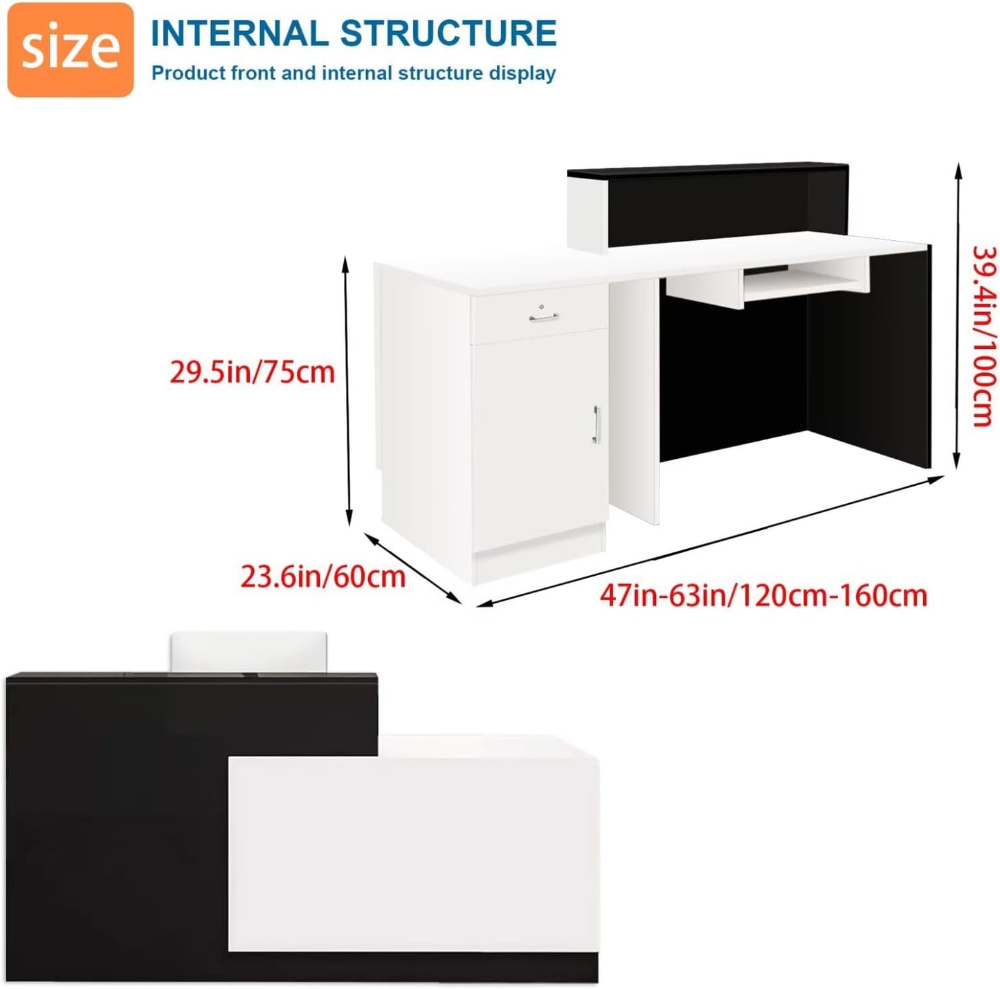 Reception Desk with Counter Modern Checkout Counter with Lockable Drawer Keyboard Tray Receptionist Desk for Office Salon Reception Table R Right 63inch/160cm