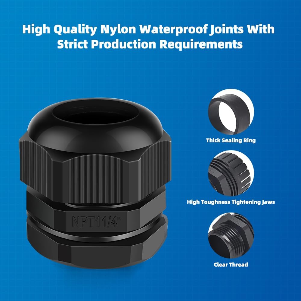 Cable Gland 2 Pack 1 1/4" NPT Waterproof Adjustable Connector Strain Relief Cord Connectors Joints Nylon with Gaskets…