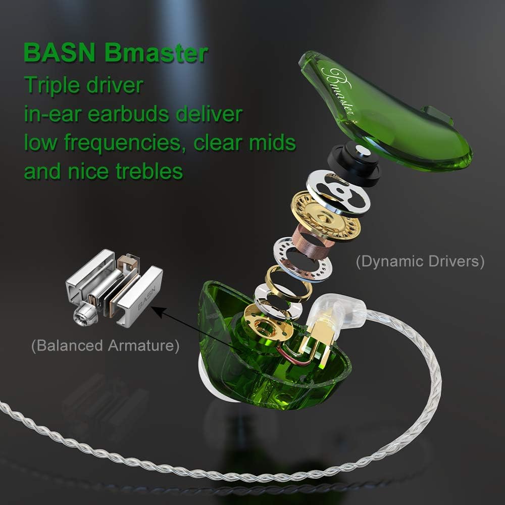 BASN in-Ear Monitors, Bmaster Triple Driver HiFi Stereo Noise-Isolating in-Ear Headphones with Two Detachable MMCX Cables for Stage/Audio Recording (Green)