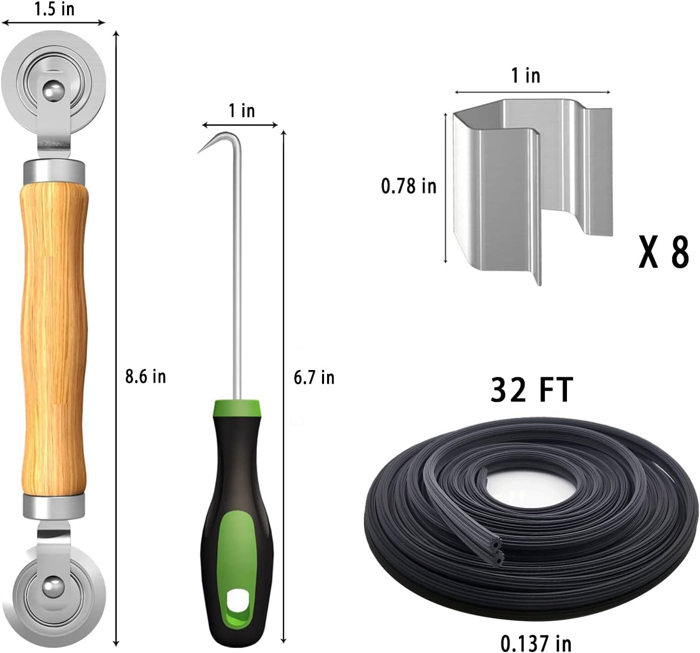 Screen Repair Kit, King&Charles 4 in 1 Screen Roller Tools with Bearing & Removal Hook & Clips(8 pcs) & Spline(32 ft) and User Manual, for Install/Replace Door Window Mesh