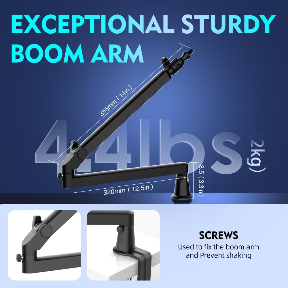 Low Profile Mic Arm 15cm Extra Riser Adjustable Mic Boom Arm Metal Desk Mounted Microphone Stand Cable Management Flexible Microphone Holder for Podcast Streaming Gaming Desktop