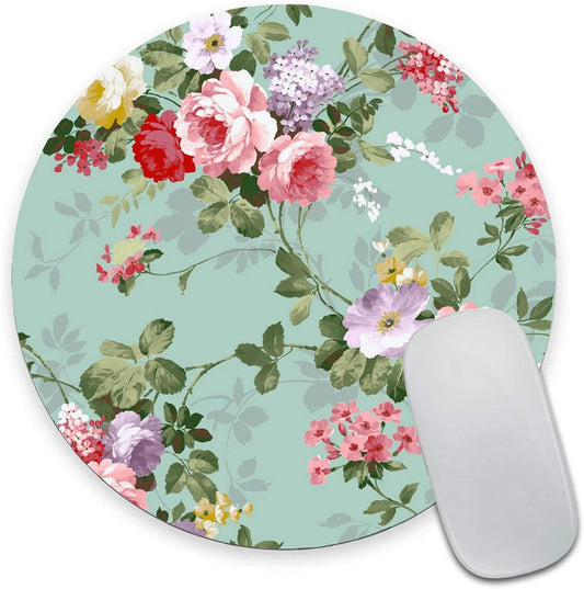 Mouse Pad, Mint Floral Teal Mouse Pad, Washable Round Mousepad with Lycra Cloth, Non-Slip Rubber Base Small Wireless Mouse Pads for Office Laptop