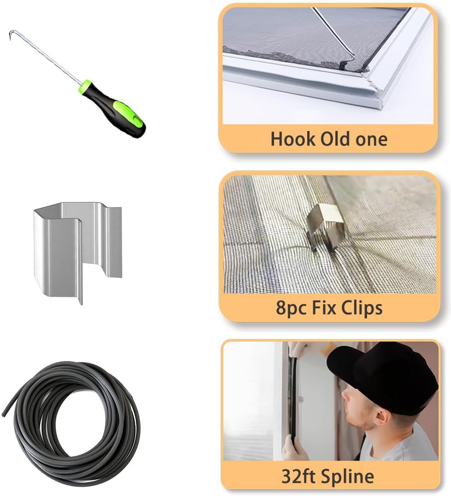 Screen Repair Kit, King&Charles 4 in 1 Screen Roller Tools with Bearing & Removal Hook & Clips(8 pcs) & Spline(32 ft) and User Manual, for Install/Replace Door Window Mesh