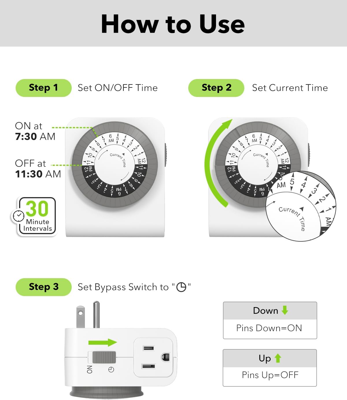 BN-LINK Timer Outlet with 2 Grounded Outlets, Mechanical Light Timers for Electrical Outlets Indoor, 24-Hour 3-Prong Timer Outlet for Lamp, Indoor Lighting and Christmas Lights, 15A/1875W, 2 Pack