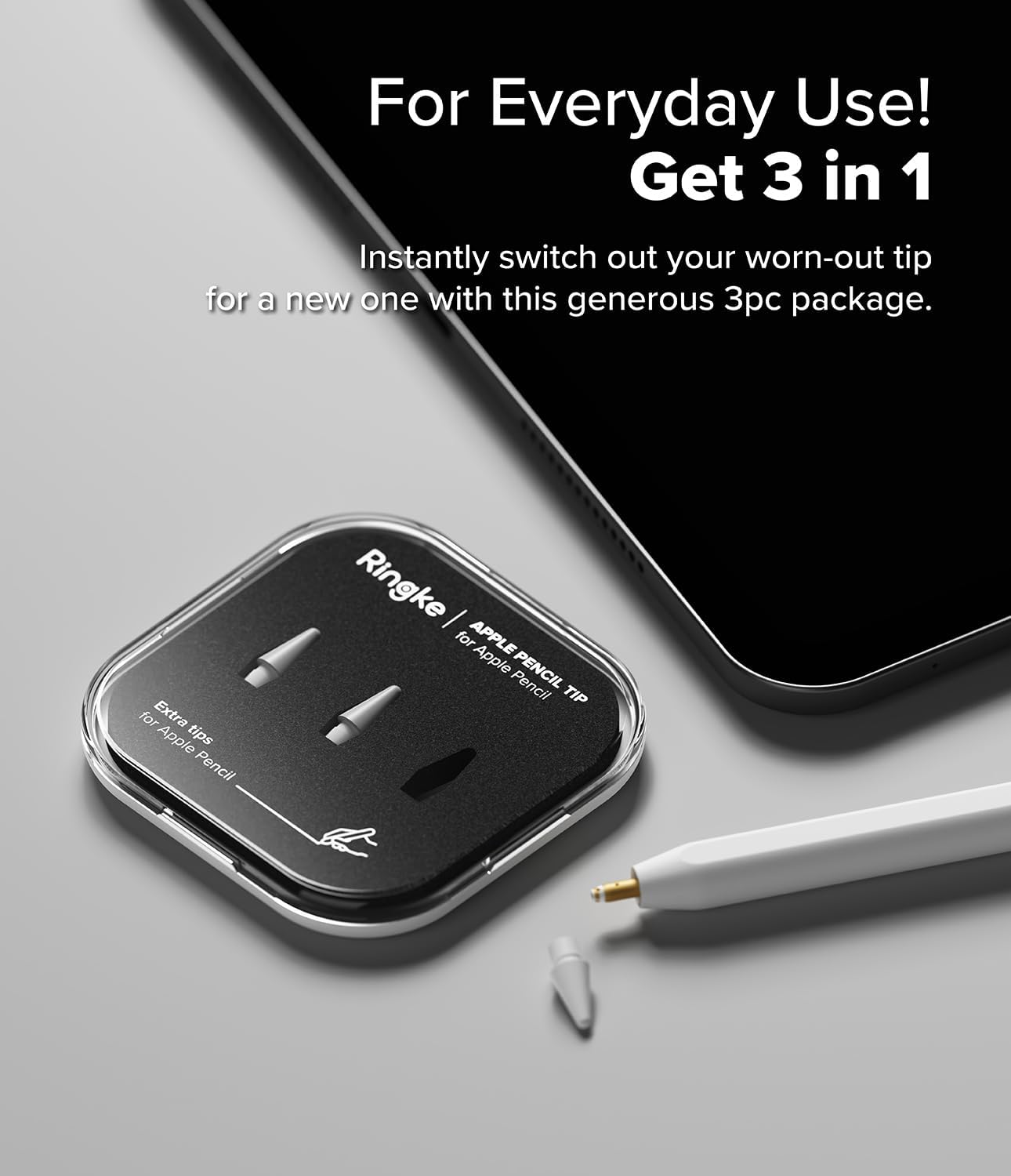 Ringke Apple Pencil Tips [3 Pack/Replacement for All Generations] Compatible with Apple Pencil Pro, 1st, 2nd Gen, USB-C Accessories, Crisp & Clear Feel Nib - HB (Light Gray)