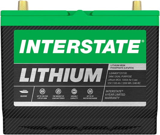 Interstate Batteries 12V 100Ah Group Size 24M Lithium Marine Dual Purpose Deep Cycle LiFePO4 Battery, Maintenance Free, Lightweight, Ideal For Boats with 1,000 Marine Cranking Amps (Li24MDP12V100)